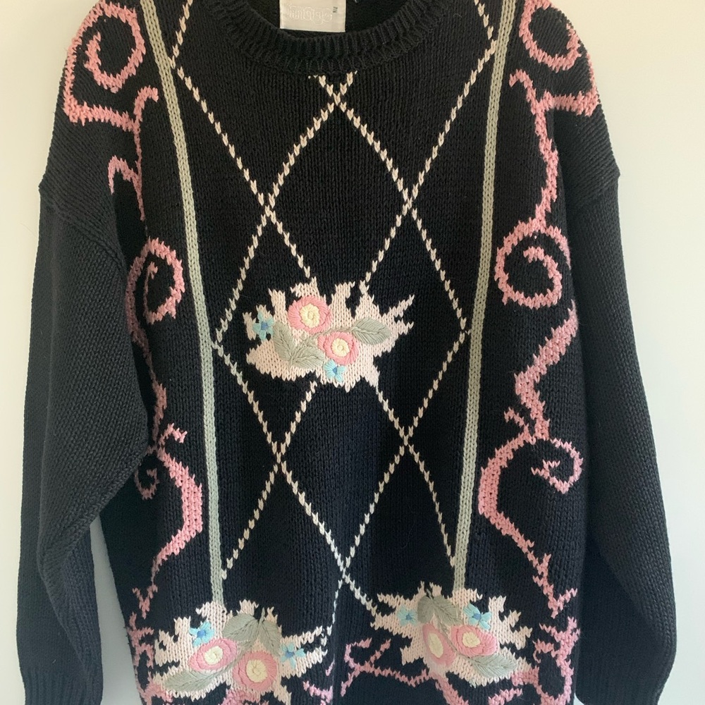 Vintage black floral embroidered cotton and ramie sweater